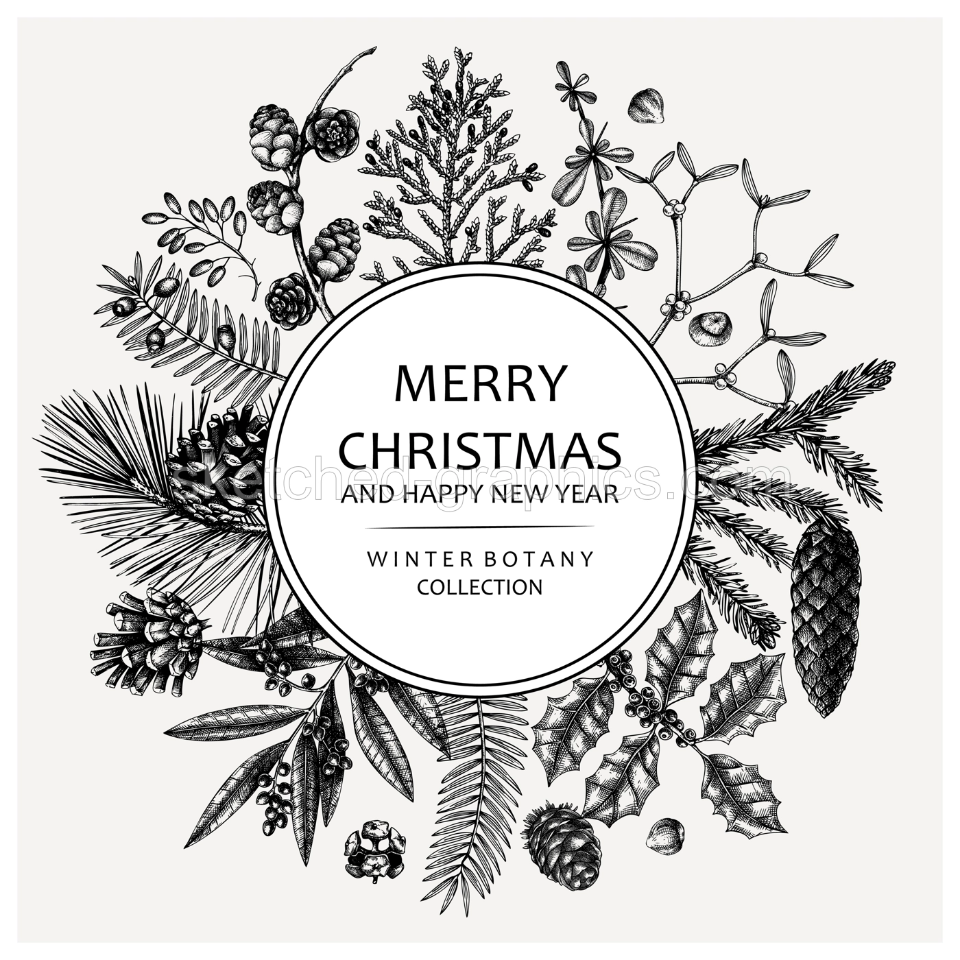 Merry Christmas card. Round wreath with evergreen plants, conifers, and nuts drawing. Winter design with hand-drawn botanical illustrations. Christmas background, New Year invitation template Illustration